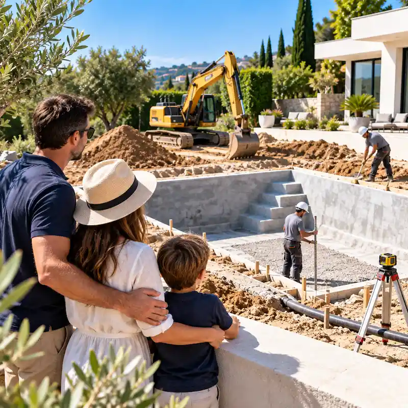 Famille suivant la construction de sa piscine