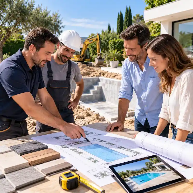 Échange entre professionnels et clients autour d’un projet piscine