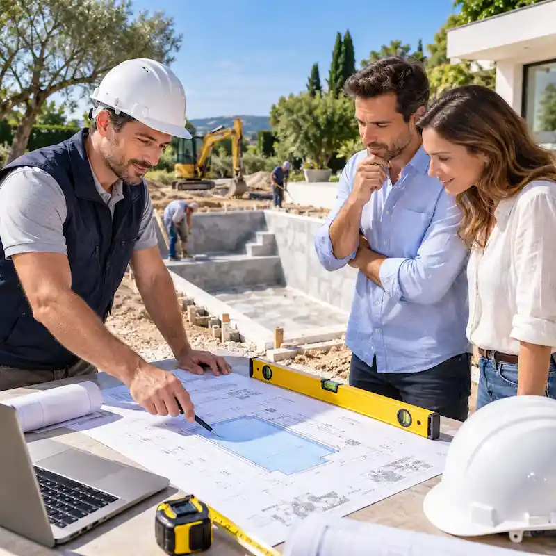 Constructeur de piscine échangeant avec des clients sur un projet