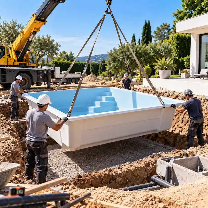 Installation d’une piscine coque avec grue
