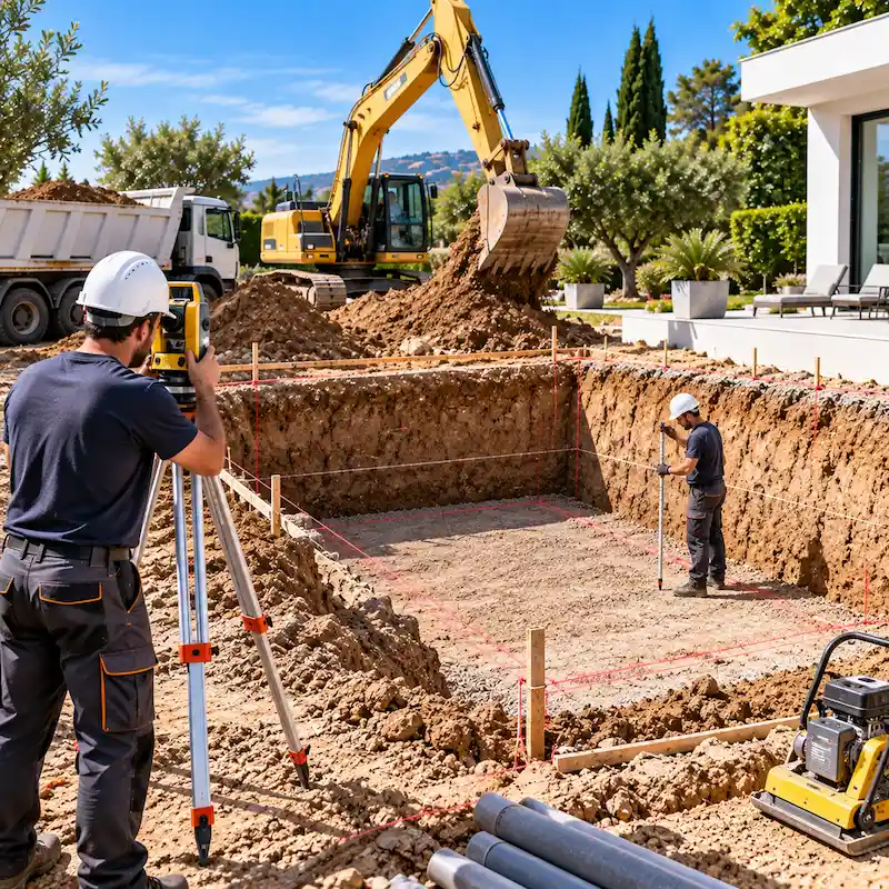Terrassement et préparation du terrain avant une piscine coque